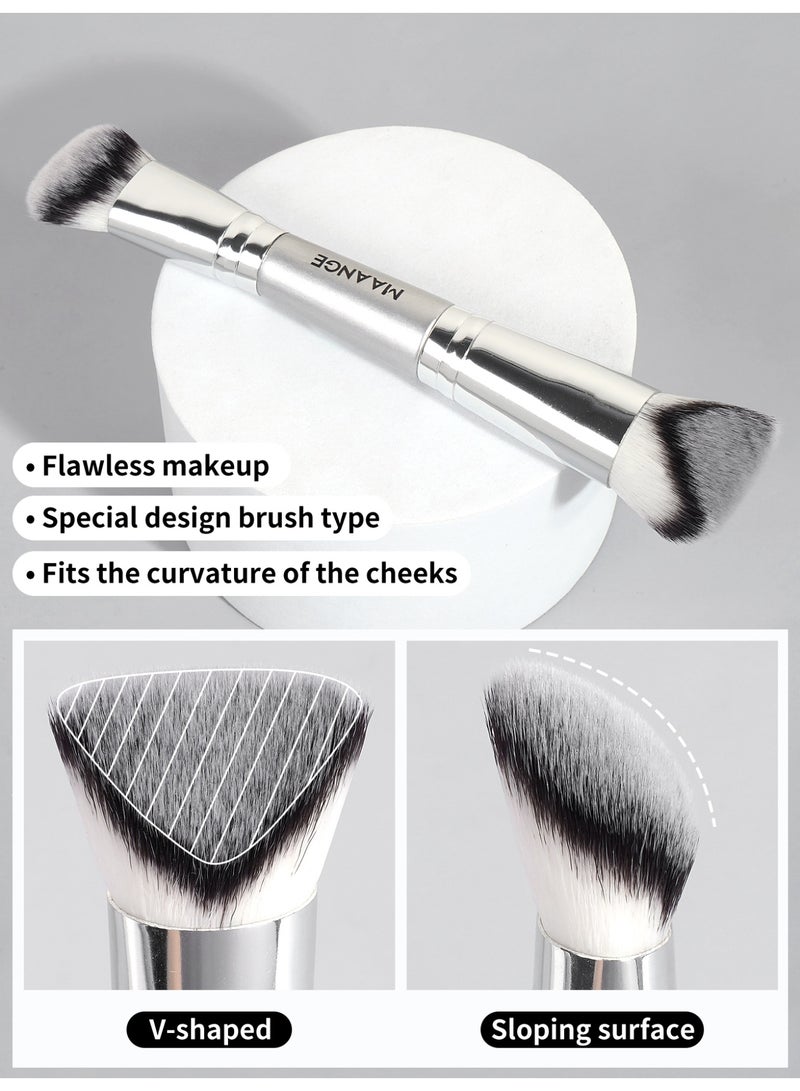 MAANGE 4 قطع فرش مكياج الأساس، فرش مكياج مزدوجة الطرف، لتطبيق السائل أو البودرة، أحمر الخدود، لتحديد وخلط الأساس، فرشاة أحمر الخدود، فضي - Image 4