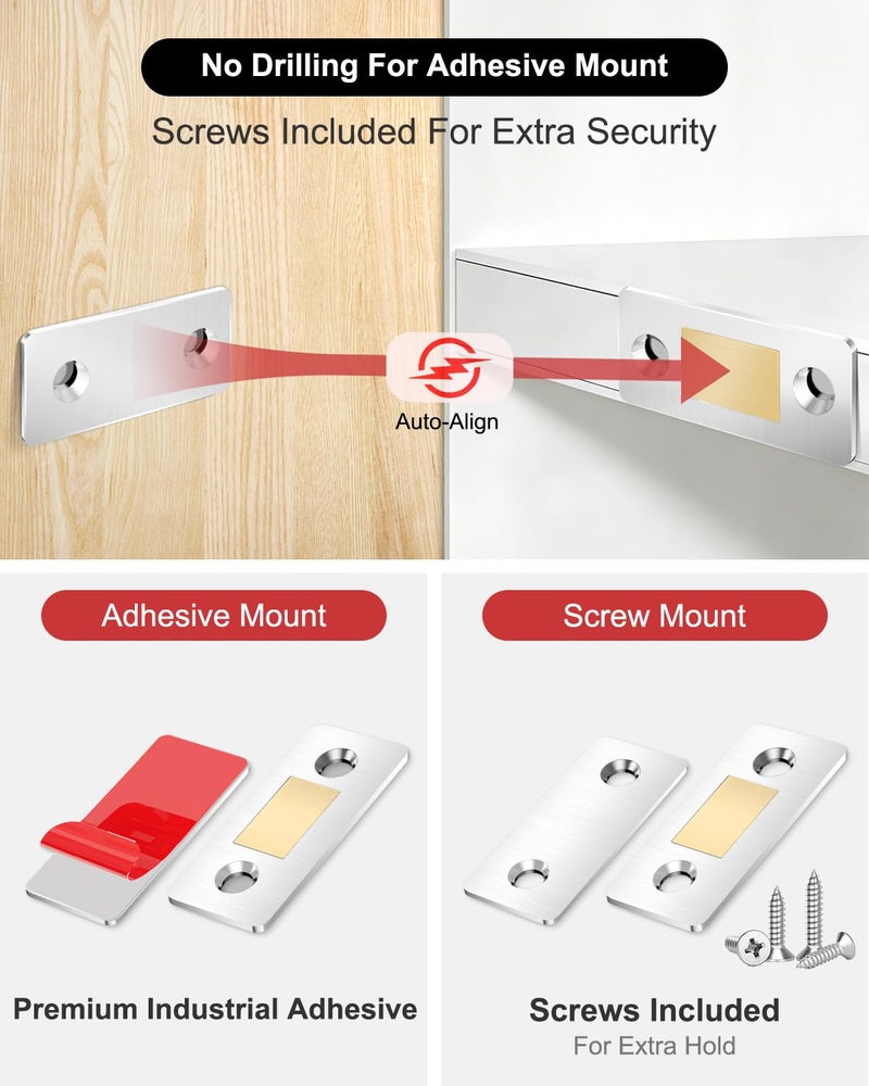 PHIXBEAR Magnetic Cabinet Door Catch, Ultra Thin Cabinet Magnet Latch, Strong Adhesive, Stainless Steel Heavy-Duty Closure for Kitchen Cupboard Drawer, Cabinet Door Magnets(4 Pack) - Image 5