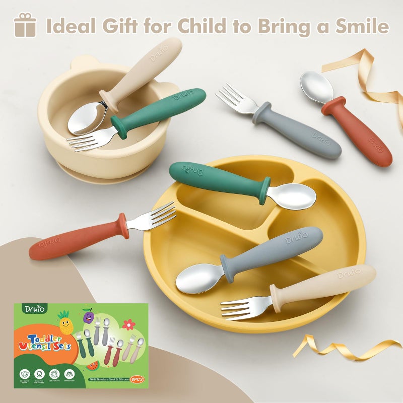 DRKIO 8 Pieces Toddler Utensils Set - Kids Silverware Set with Silicone Handle Children Safe 18/8 Stainless Steel Forks and Spoons Anti-Choke Design Food Grade Dishwasher Safe - Image 5