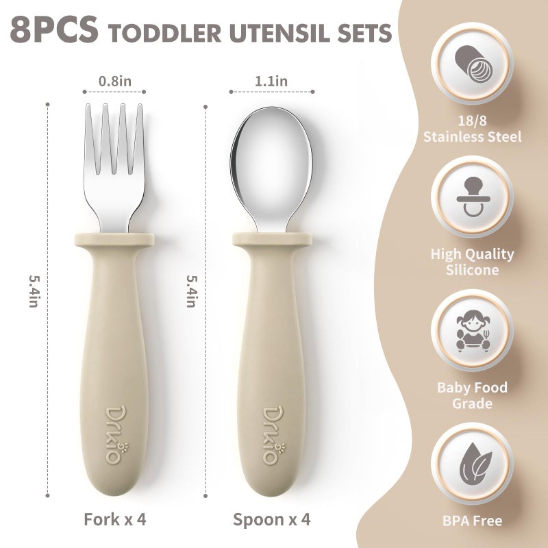 DRKIO 8 Pieces Toddler Utensils Set - Kids Silverware Set with Silicone Handle Children Safe 18/8 Stainless Steel Forks and Spoons Anti-Choke Design Food Grade Dishwasher Safe - Image 2