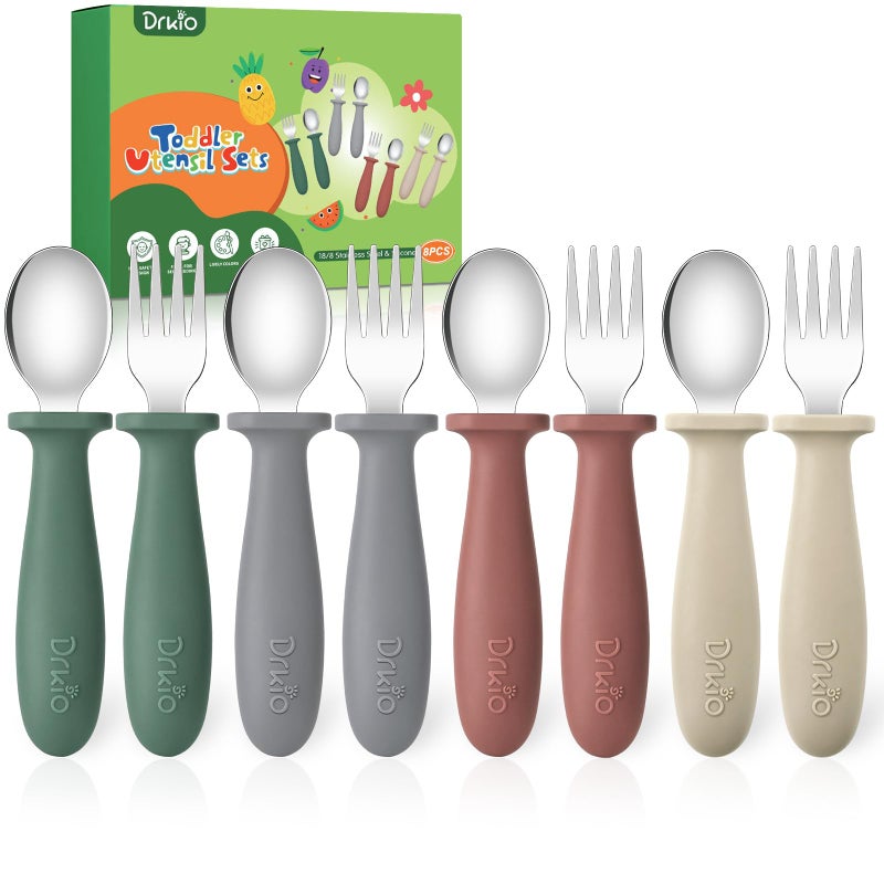DRKIO 8 Pieces Toddler Utensils Set - Kids Silverware Set with Silicone Handle Children Safe 18/8 Stainless Steel Forks and Spoons Anti-Choke Design Food Grade Dishwasher Safe - Image 1