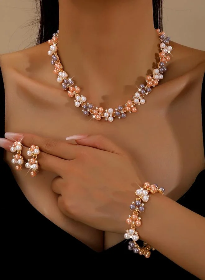 تايك تو طقم مجوهرات قلادة وسوار وأقراط مزينة بالأزهار 3 قطع