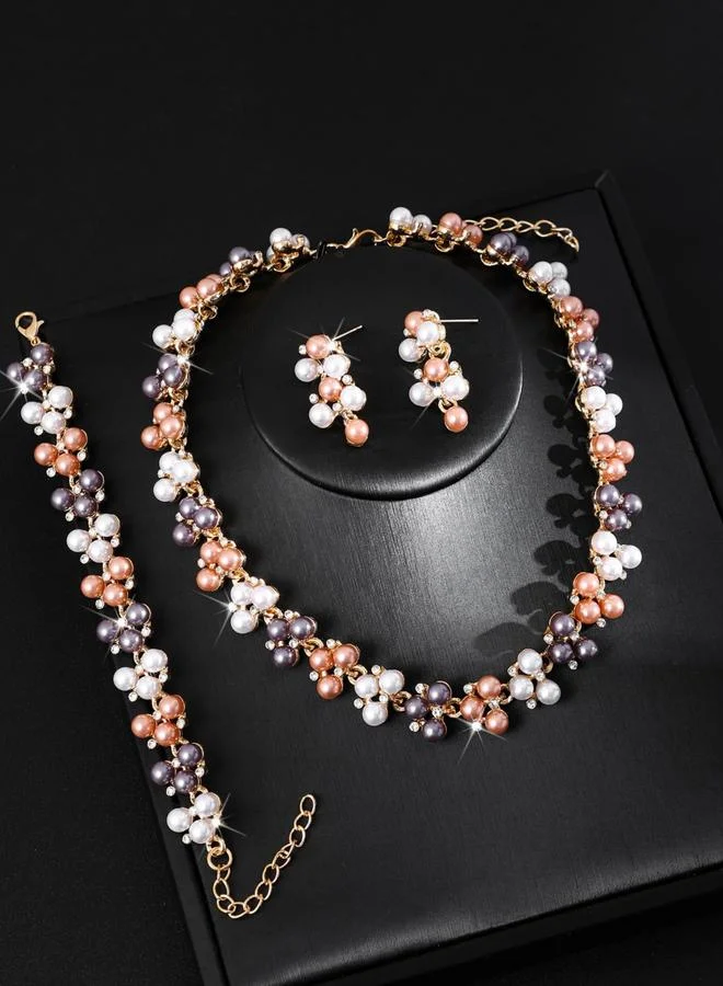 تايك تو طقم مجوهرات قلادة وسوار وأقراط مزينة بالأزهار 3 قطع