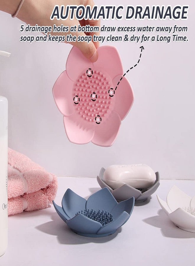 leuapl Soap Dishes with Draining, Bathroom Bar Soap Holder for Shower, Soap Tray for Kitchen Sink, Silicone Flower Shape Soap Saver for Counter, Bathtub. Extend Soap Life, Easy Dry (2 Pack, Pink + Blue) - Image 2