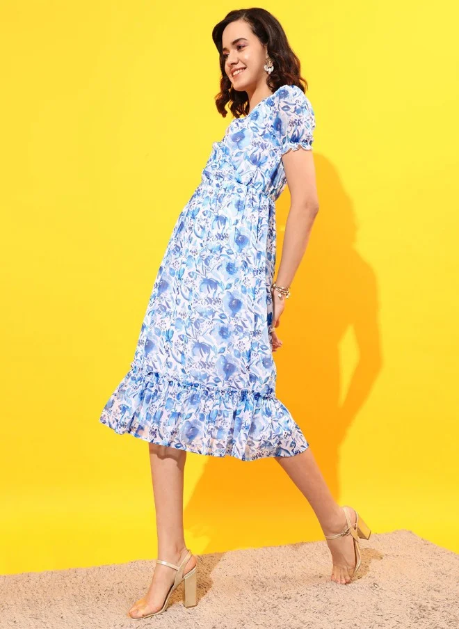 STREET 9 Floral Printed V Neck Puff Sleeves Dress for Women