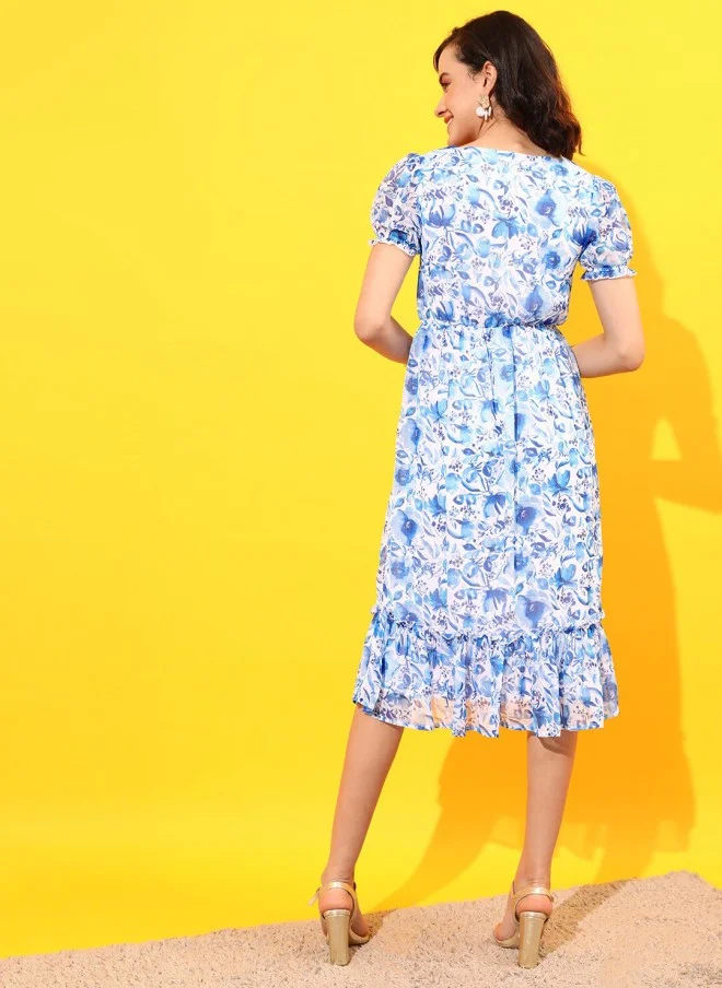 STREET 9 Floral Printed V Neck Puff Sleeves Dress for Women