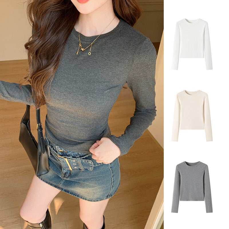 H583 Women's Slim Fit Long Sleeve Solid T-Shirt Round Neck - Image 2