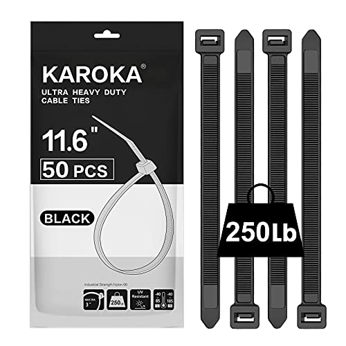 Karoka Industrial Zip Ties Heavy Duty with 250 lbs Tensile Strength, 11.6 inch, Electrical Cable Ties Heavy Duty, 50 Pieces, Wide and Thick Zip Ties, by Karoka - Image 1