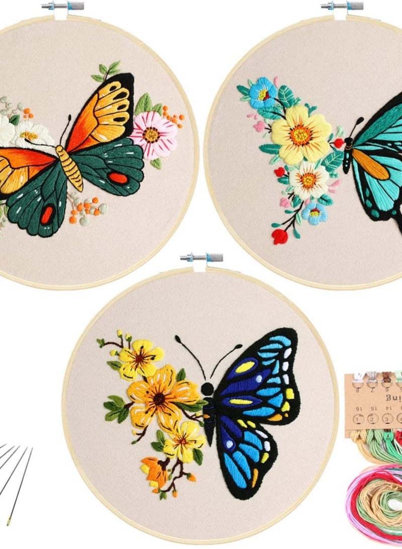 3 Pack Embroidery Starter Kit with Pattern, Flowers Butterfly Stamped Embroidery Kit Including Embroidery Fabrics, Bamboo Hoops, Threads Needles, Hobbies for Women - Image 1