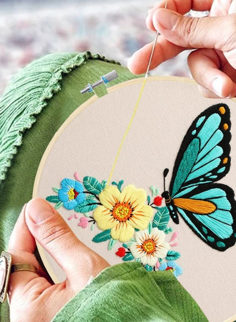 3 Pack Embroidery Starter Kit with Pattern, Flowers Butterfly Stamped Embroidery Kit Including Embroidery Fabrics, Bamboo Hoops, Threads Needles, Hobbies for Women - Image 5