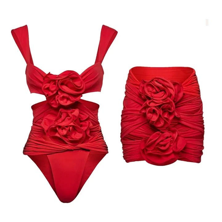 2024 New Arrival One-Piece Swimsuit Flower Decorative Strap Solid Color One-Piece Swimsuit Skirt Suit 2532 - Image 1