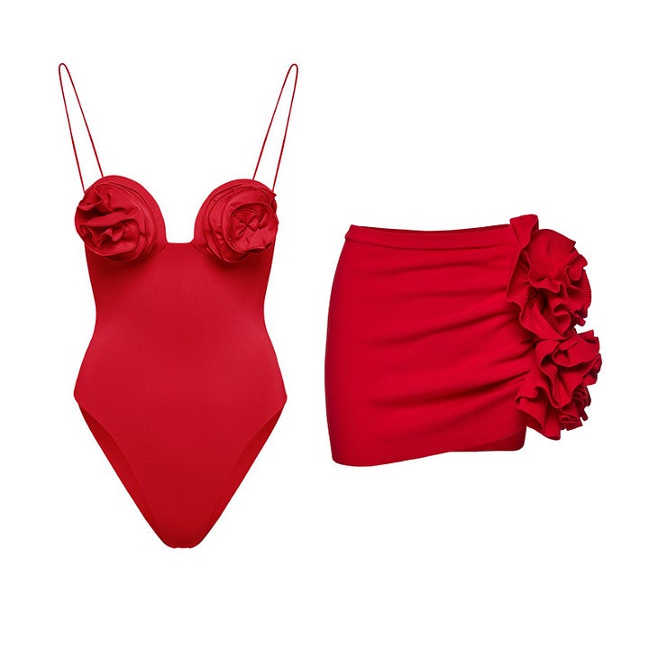 2024 New Arrival One-Piece Swimsuit Flower Decorative Strap Solid Color One-Piece Swimsuit Skirt Suit 2532 - Image 2