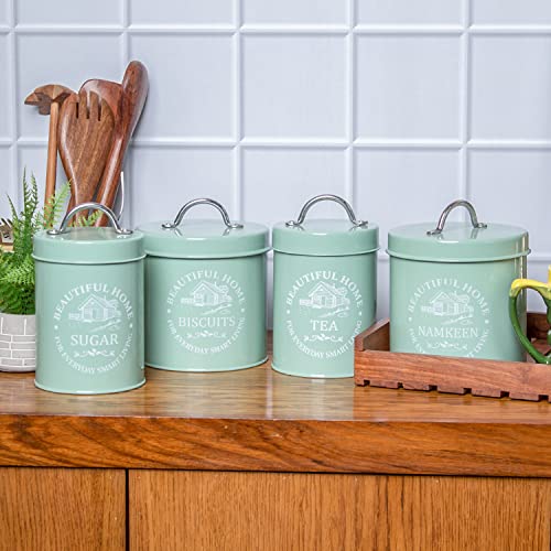 MARKET 99 Green Metal Tea and Sugar Jar 850ml with Biscuit and Namkeen Jar 1300ml Set of 4 | Leak-Proof Cylindrical Kitchen Storage Containers for Dry Food | Stylish Canister Set - Image 1