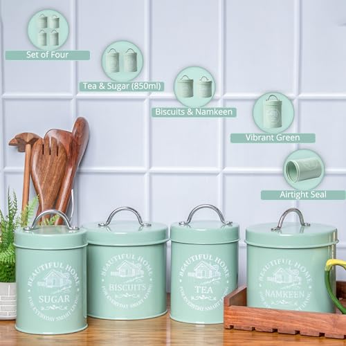 MARKET 99 Green Metal Tea and Sugar Jar 850ml with Biscuit and Namkeen Jar 1300ml Set of 4 | Leak-Proof Cylindrical Kitchen Storage Containers for Dry Food | Stylish Canister Set - Image 3