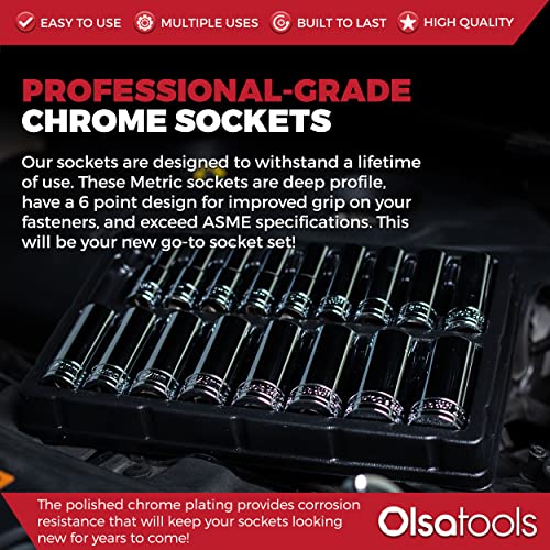 Olsa Tools Metric Deep Socket Set - 1/2-Inch Drive, 18pc - 6-Point Chrome Sockets from 10mm–27mm and No Skipped Sizes - Mechanic Deep Metric Socket Set - Professional Grade Long Sockets - Part: 1325 - Image 5