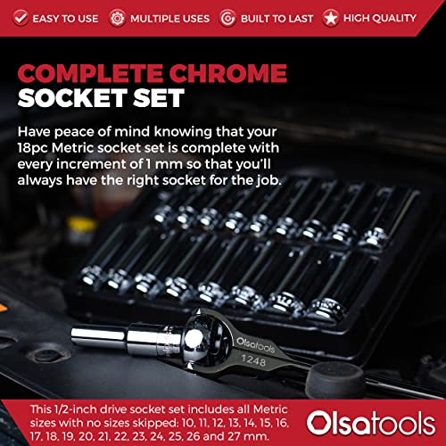 Olsa Tools Metric Deep Socket Set - 1/2-Inch Drive, 18pc - 6-Point Chrome Sockets from 10mm–27mm and No Skipped Sizes - Mechanic Deep Metric Socket Set - Professional Grade Long Sockets - Part: 1325 - Image 2