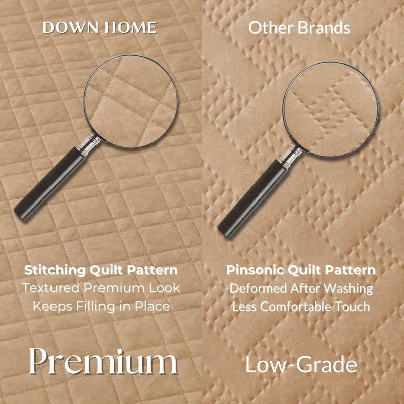 DOWN HOME طقم لحاف ملكي مع وسائد غطاء سرير خفيف الوزن مزخرف بتصميم رقيق غطاء سرير عتيق مغسول لحاف مزخرف لجميع الفصول، ميكروفايبر مصقول بتطريز ماسي، بني، 88"x92" - Image 3