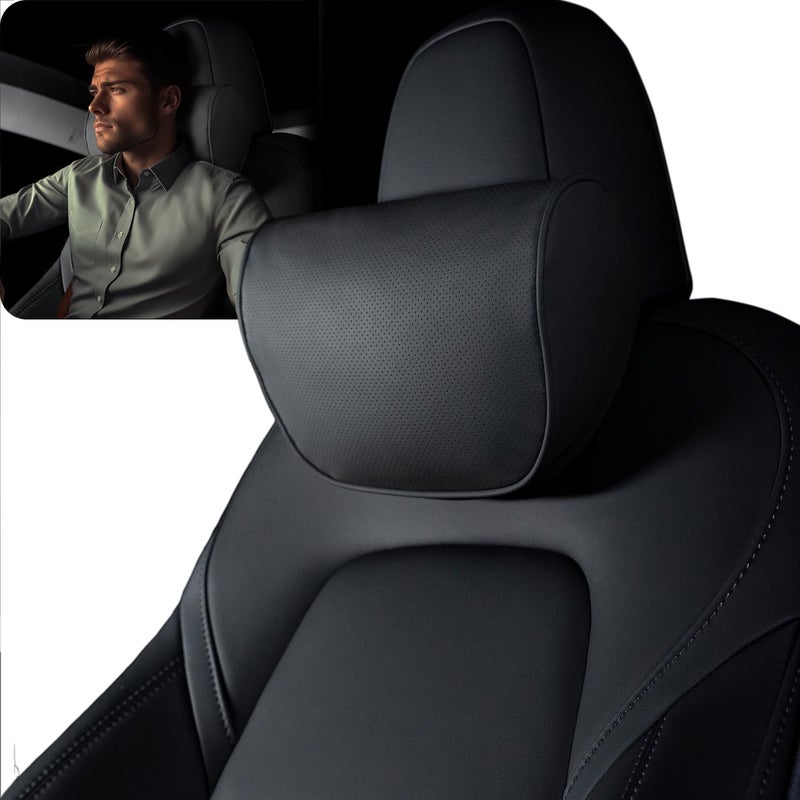 HOPON 2025 Upgrade Headrest Pillow for Tesla Model 3 Model Y with Adjustable StrapFits All VehiclesCar Neck Pillow with Leatherfor HeadNeckShouldersMultipurposeCar Accessories 1 Pack Black - Image 2