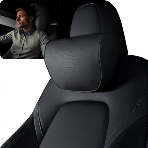 HOPON 2025 Upgrade Headrest Pillow for Tesla Model 3 Model Y with Adjustable StrapFits All VehiclesCar Neck Pillow with Leatherfor HeadNeckShouldersMultipurposeCar Accessories 1 Pack Black - Image 1