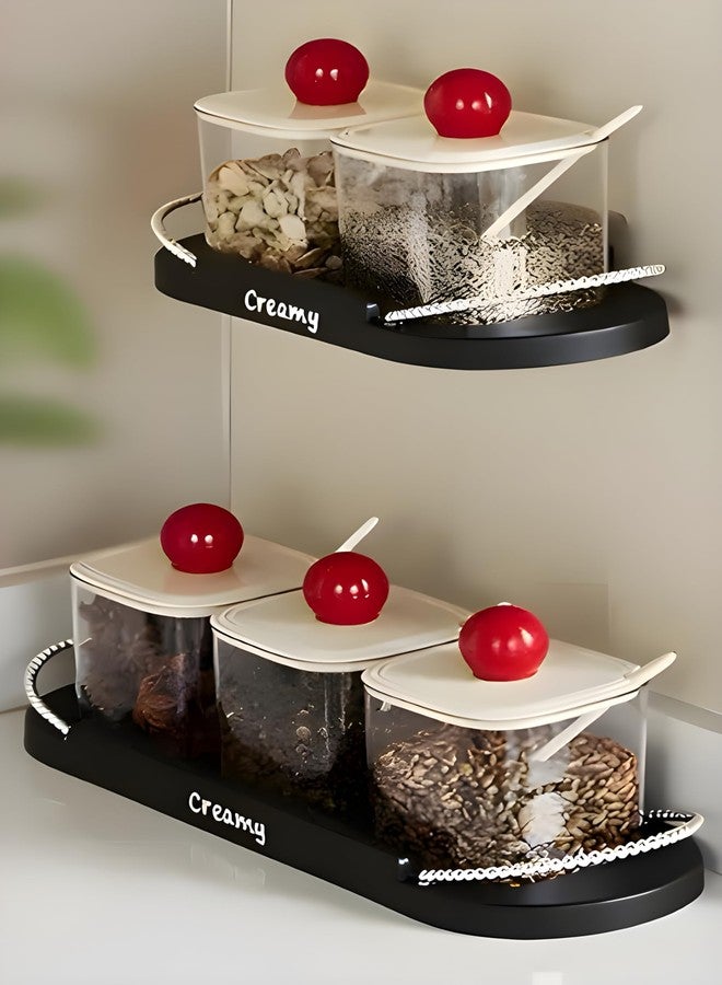 JINILA Plastic Jars with Stylish Lid, Spoon and Attractive Tray Multipurpose Condiments Container For Pickle, Sauces, Masala Kitchen Storage Organizer (Set of 2 - Transparent, Black & Red) - Image 5