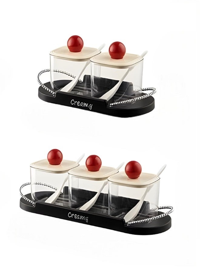 JINILA Plastic Jars with Stylish Lid, Spoon and Attractive Tray Multipurpose Condiments Container For Pickle, Sauces, Masala Kitchen Storage Organizer (Set of 2 - Transparent, Black & Red) - Image 1