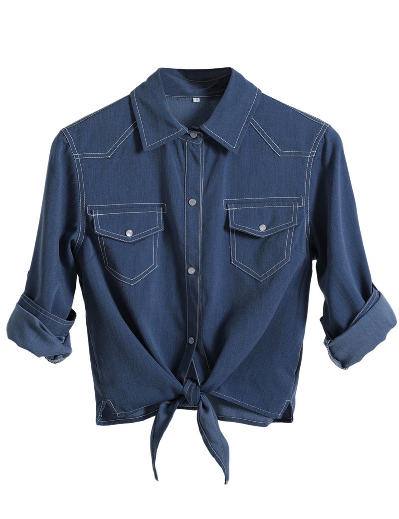 Omoone Women's 3/4 Sleeve Modern Denim Crop Top Tie Knot Shirt Cardigan(DenimBlue-XL) - Image 1