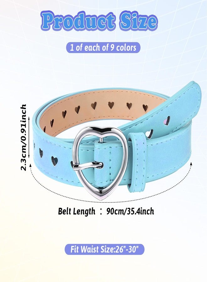 Meyeyaia 9 Pcs Girls Belt Size 6-12 Kids,Nine Colors Elastic Adjustable PU Leather Kids Belts,Hollow Heart-Shaped Metal Buckle Waist Belt for Girls Dress Pants Denim Skirts - Image 2