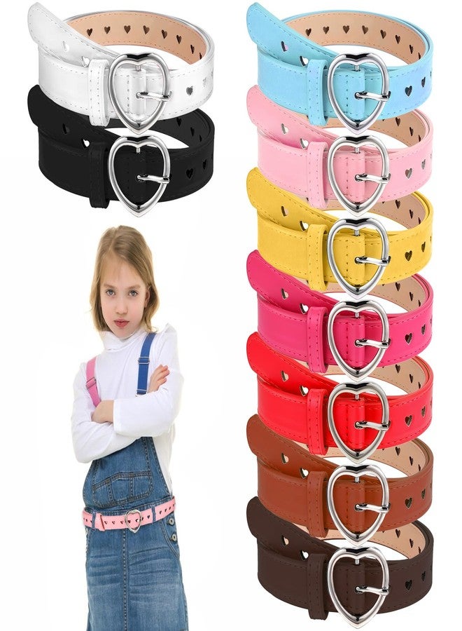 Meyeyaia 9 Pcs Girls Belt Size 6-12 Kids,Nine Colors Elastic Adjustable PU Leather Kids Belts,Hollow Heart-Shaped Metal Buckle Waist Belt for Girls Dress Pants Denim Skirts - Image 1