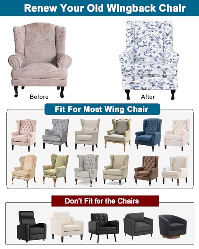 CRFATOP Wingback Chair Covers 2 Pieces Stretch Printed Wing Back Chair Cover Sofa Slipcover Washable Wingback Armchair Slipcovers Furniture Protector with Elastic Bottom for Wingback Chairs,B18 - Image 5