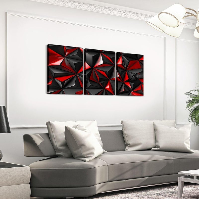 Erosebridal Geometric Canvas Wall Art Set of 3 Black And Red Wall Decor for Kids Boys Girls Women Art Aesthetic Artwork Posters Modern Honeycomb Painting 12 X 16 Inches - Image 3