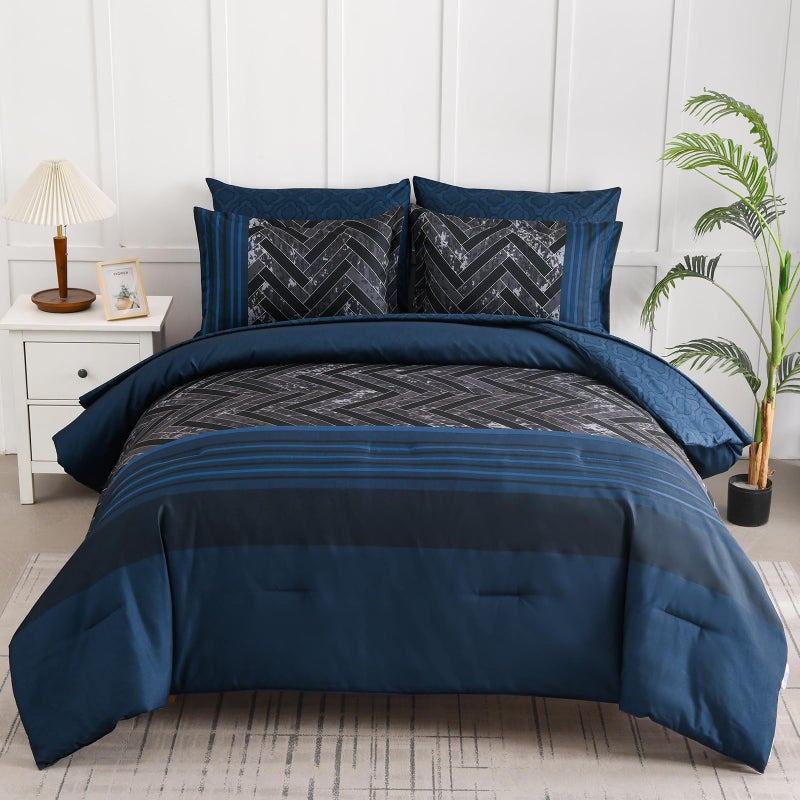 Luxudecor Navy Blue Comforter مجموعة King Size 7 قطع سرير هندسي شريط في حقيبة لذيذة من الألياف الدقيقة البحرية وورقة مجموعة كاملة من الفراش لجميع المواسم 104 "؟ 90" " - Image 1