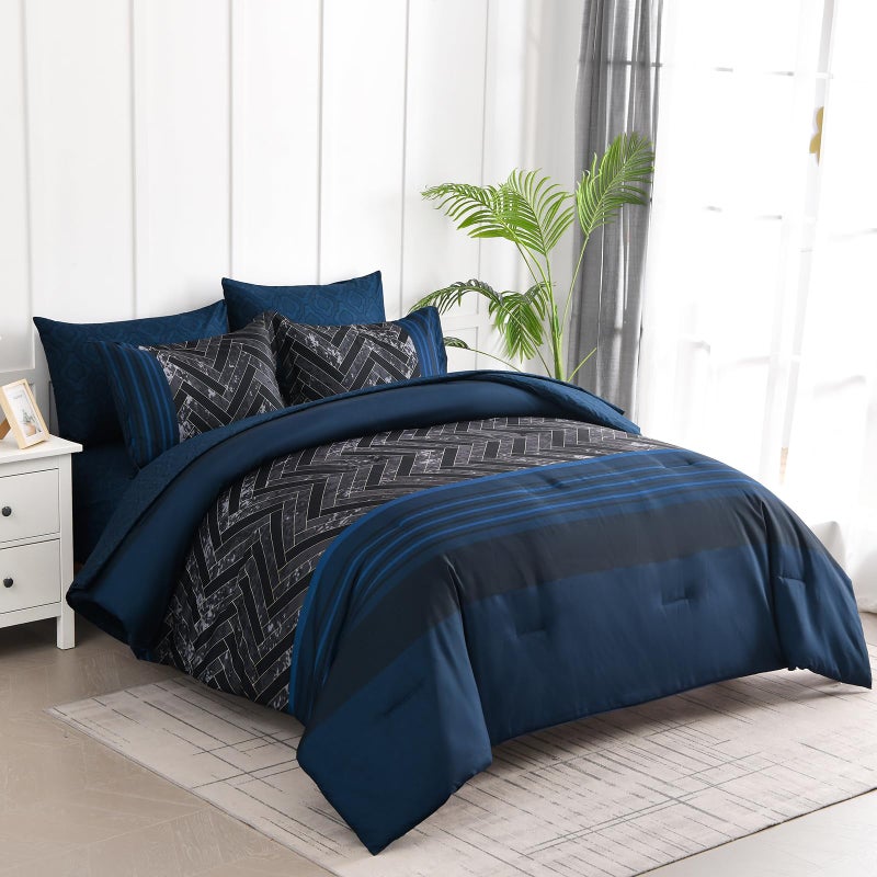 Luxudecor Navy Blue Comforter مجموعة King Size 7 قطع سرير هندسي شريط في حقيبة لذيذة من الألياف الدقيقة البحرية وورقة مجموعة كاملة من الفراش لجميع المواسم 104 "؟ 90" " - Image 2