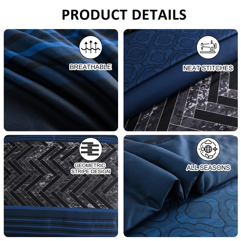 Luxudecor Navy Blue Comforter مجموعة King Size 7 قطع سرير هندسي شريط في حقيبة لذيذة من الألياف الدقيقة البحرية وورقة مجموعة كاملة من الفراش لجميع المواسم 104 "؟ 90" " - Image 5