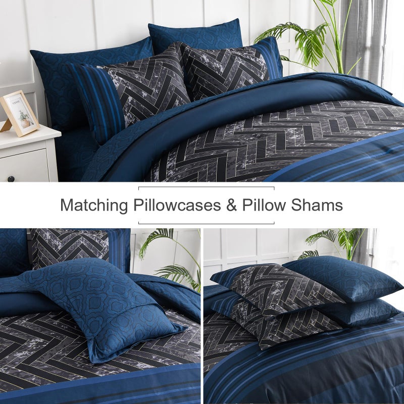 Luxudecor Navy Blue Comforter مجموعة King Size 7 قطع سرير هندسي شريط في حقيبة لذيذة من الألياف الدقيقة البحرية وورقة مجموعة كاملة من الفراش لجميع المواسم 104 "؟ 90" " - Image 4