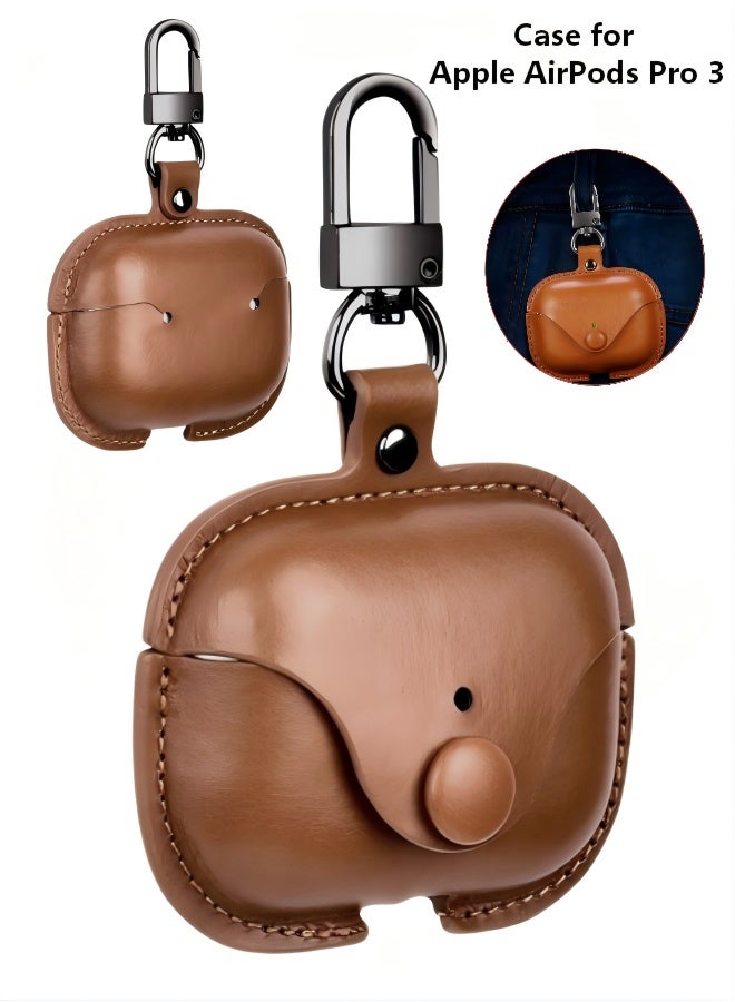 For Apple Airpods Pro 3 Protective Case, Leather Earphone Case Headset Protector Cover with Keychain Dark Brown - Image 1