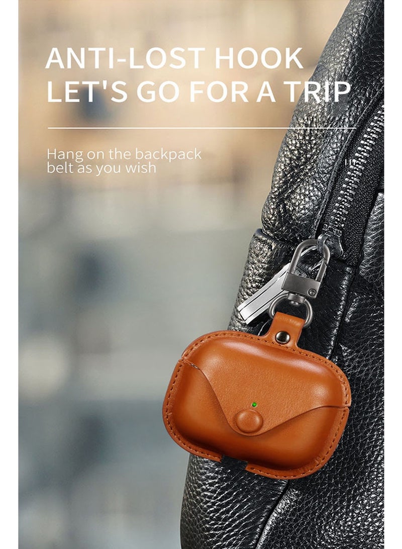 For Apple Airpods Pro 3 Protective Case, Leather Earphone Case Headset Protector Cover with Keychain Dark Brown - Image 2