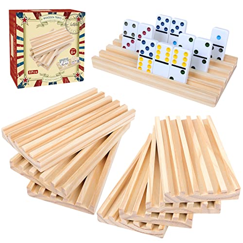 GOTHINK Wooden Domino Racks Set of 8 Trays with Felt Bottom for Mexican Train Dominoes Games NonSlip Domino Tiles Holders Mexican Train Accessories for Adults Kids Dominoes NOT Included - Image 1