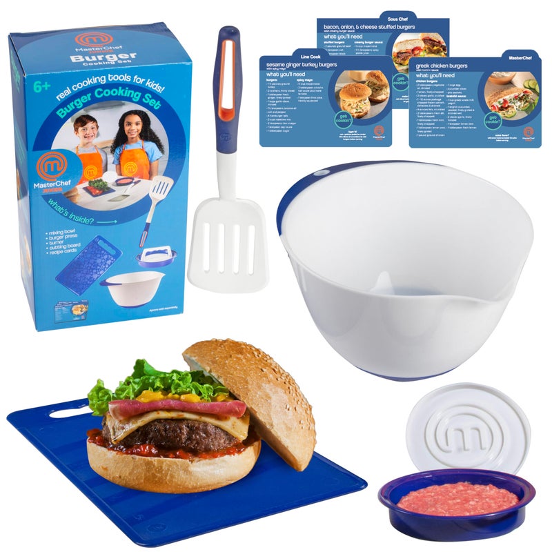 Masterchef Junior Kid's Burger Cooking Set- 9 Pc Kit Includes Real Cookware for Children- Bowl, Cutting Board, Spatula, Sandwich Recipes, and Hamburger Press- Non-Slip Silicone Grips - Image 1