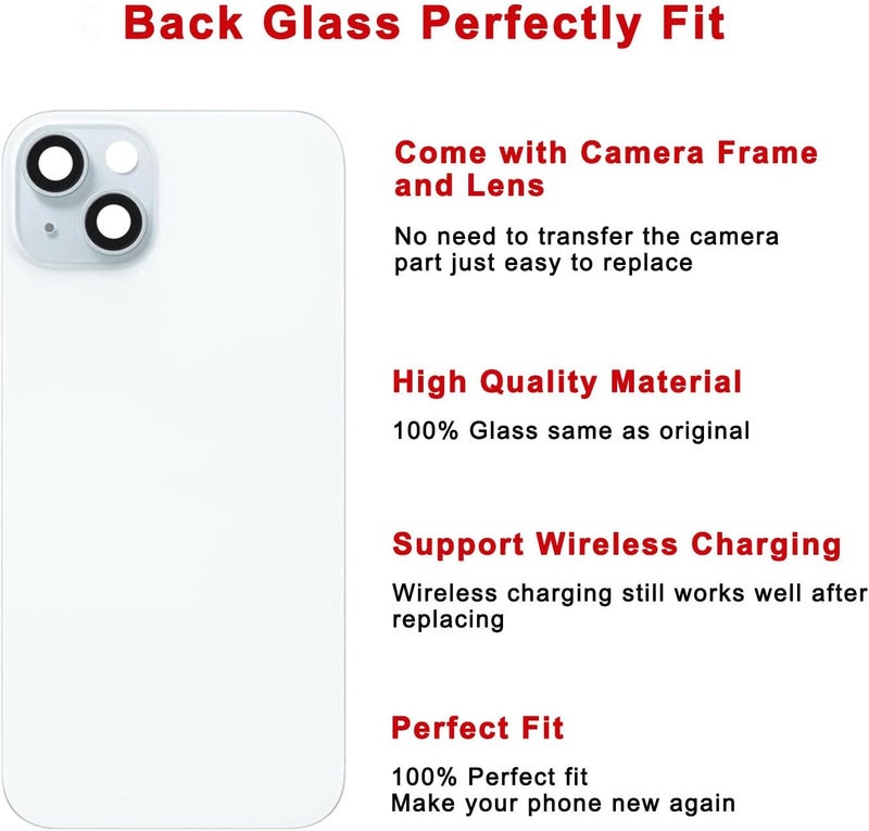 Perzework Rear Back Glass Replacement for iPhone 15 Plus 6.7-inches + Pre-Installed Plate and Camera Frame and Lens + Reparing Tool Kit (Blue) - Image 3