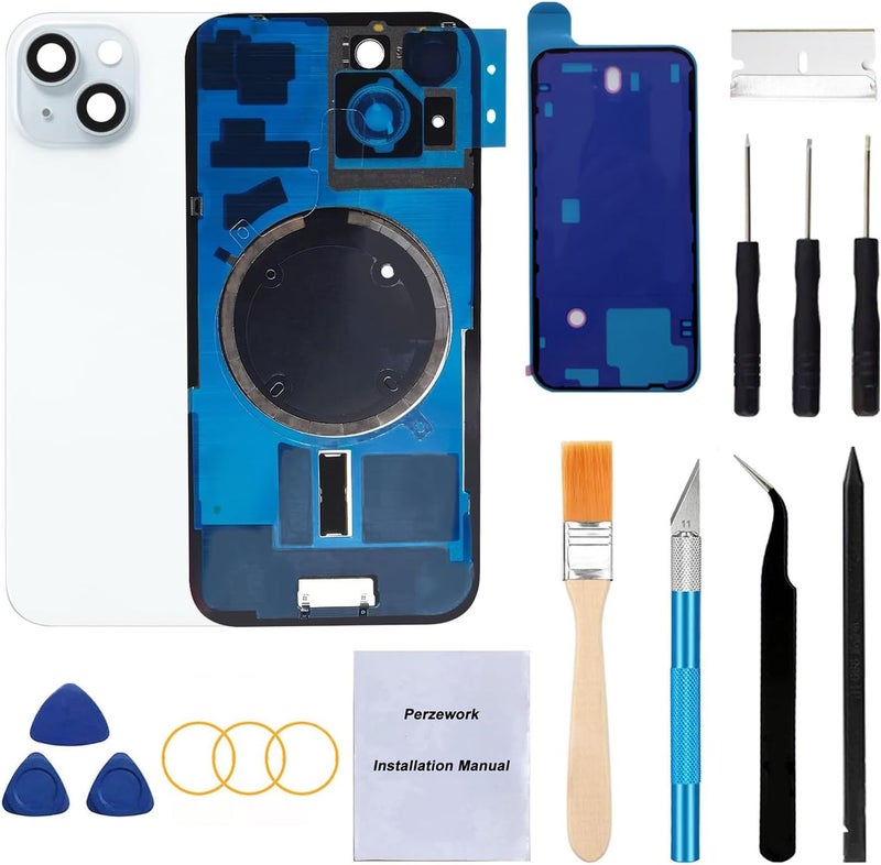 Perzework Rear Back Glass Replacement for iPhone 15 Plus 6.7-inches + Pre-Installed Plate and Camera Frame and Lens + Reparing Tool Kit (Blue) - Image 1