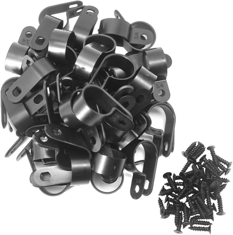 Alamic Cable Clamp R-Type Cable Clip Wire Clamp 3/4" Nylon Screw Mounting Cord Fastener Clips with Screws for Wire Management - Black - 50 Pcs - Image 1