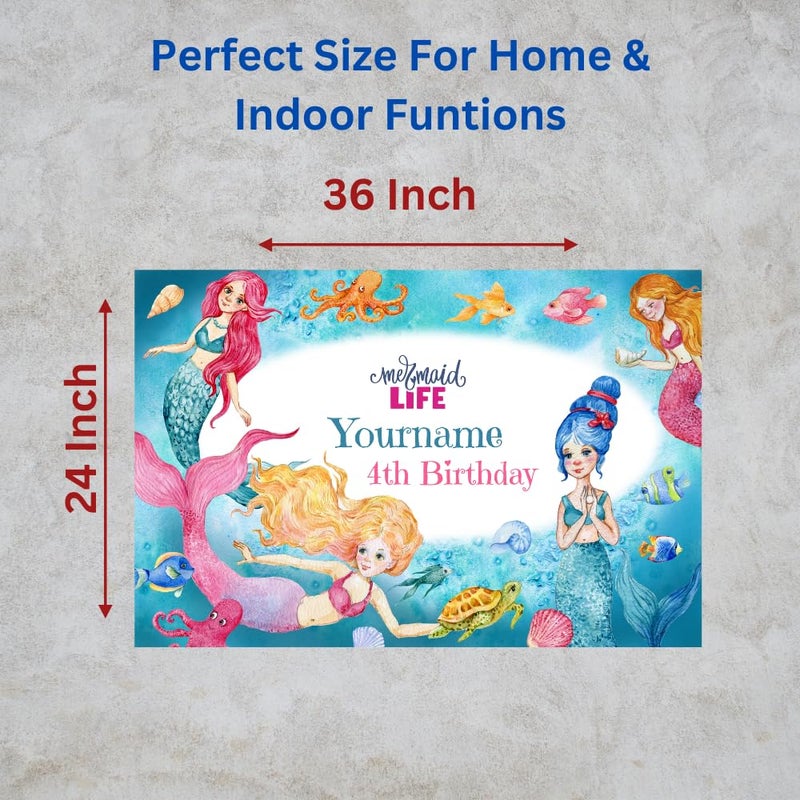 Yellow Nuts Personalized Happy Birthday Banner with Name Age Backdrop Cloth Decoration Kids Girls Princess Mermaid Theme Customized - Image 2