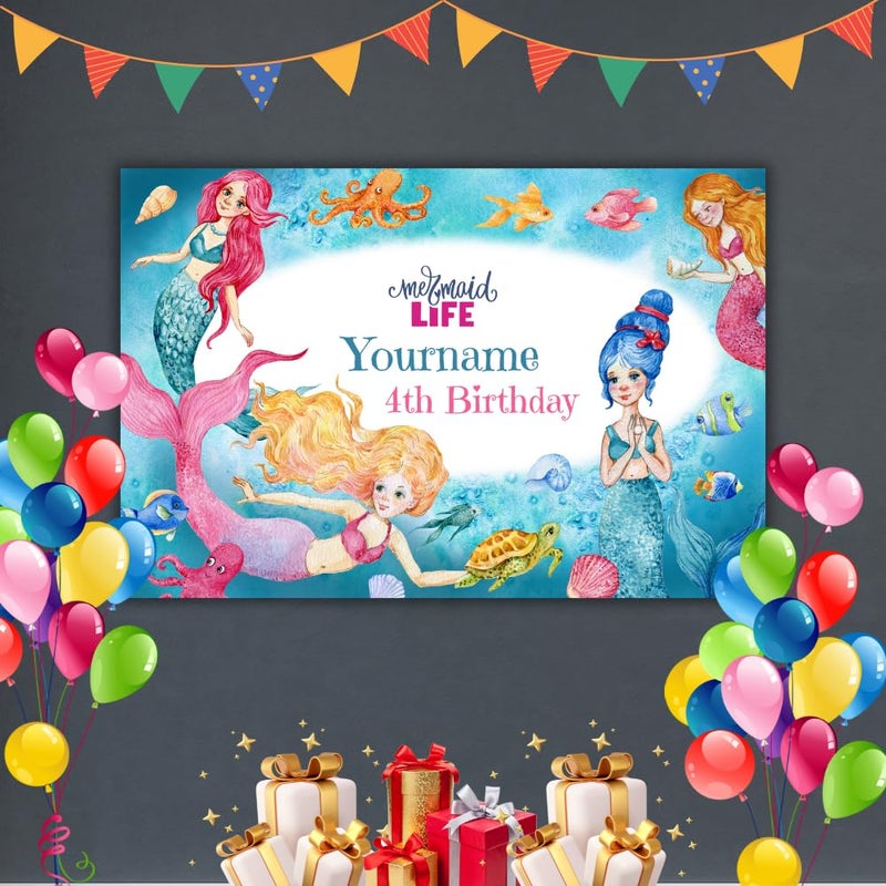 Yellow Nuts Personalized Happy Birthday Banner with Name Age Backdrop Cloth Decoration Kids Girls Princess Mermaid Theme Customized - Image 5