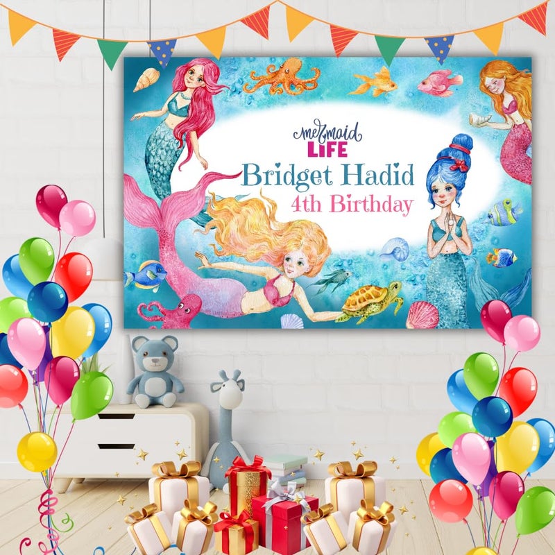 Yellow Nuts Personalized Happy Birthday Banner with Name Age Backdrop Cloth Decoration Kids Girls Princess Mermaid Theme Customized - Image 1