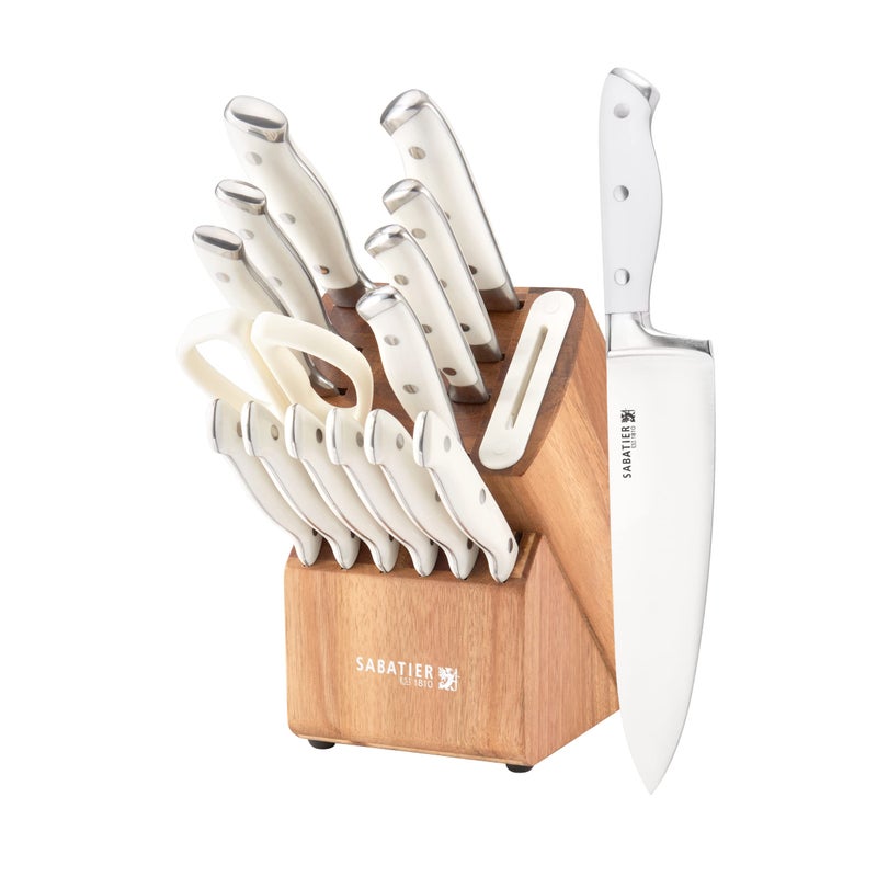 Sabatier 15Piece Forged Triple Rivet Knife Block Set with Builtin Sharpener HighCarbon Stainless Steel Kitchen Knives RazorSharp Knife set with Acacia Block and Edgekeeper Technology White