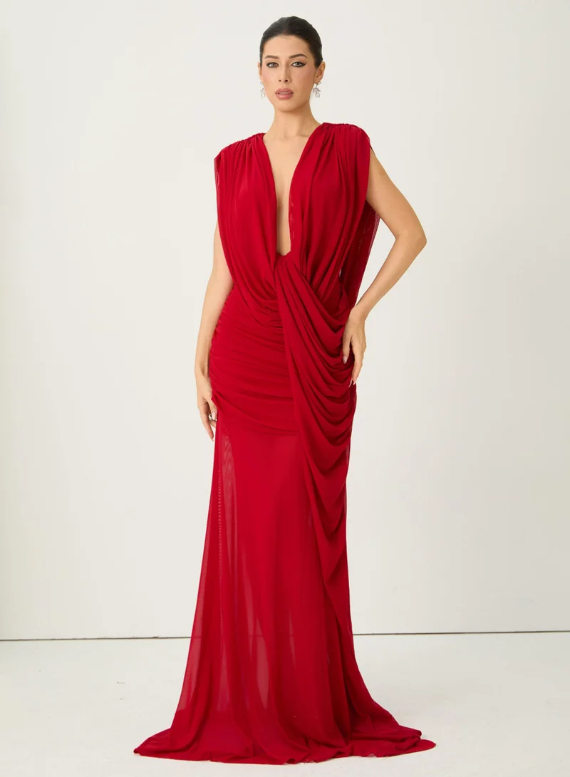 سنفير See The City Red Deep V-Neck Ruched Maxi Dress