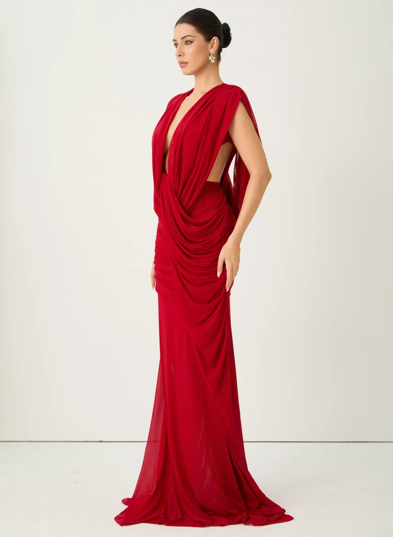 سنفير See The City Red Deep V-Neck Ruched Maxi Dress