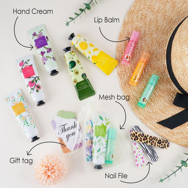 CUDICY Hand Cream and Lip Balm Bulk 24 Gift Sets Party Favors for Baby Shower Bridal Shower Wedding for Guests Prizes Women Adults Bachelorette Travel With Nail Files Thank You Cards Organza Bags - Image 2