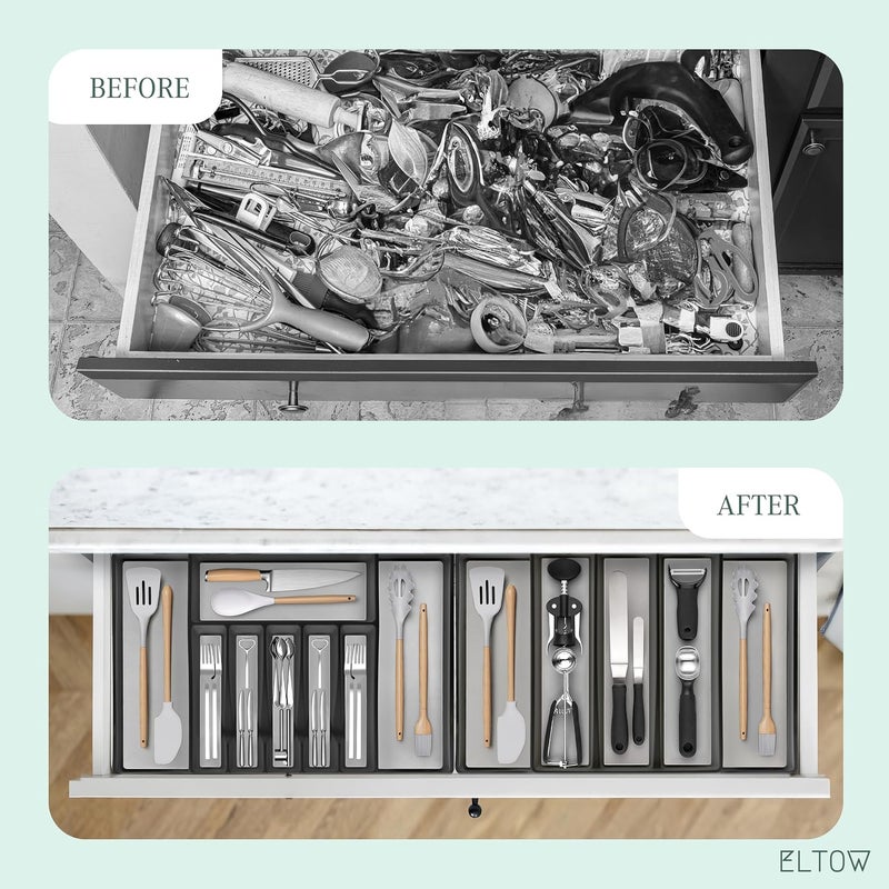 ELTOW Worldwide simple practical design Expandable Silverware Drawer Organizer & Utensil Tray Set, Non-Slip Kitchen Drawer Organizers and Storage, Kitchen Organization for Utensils, Cutlery, Office Supplies, Flatware Storage - Black All condition resistant crafted quality - Image 5