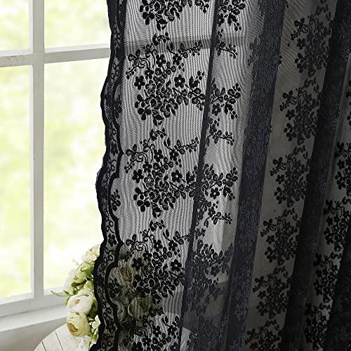 YJ YANJUN Black Sheer Curtains - 84 Inch Long Old Fashion Goth Curtains for Living Room Victorian Black Lace Window Curtains with Rod Pocket - Image 5
